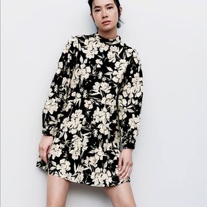 Zara High Neck Mini Dress Floral Long Sleeve Cotton Size XL